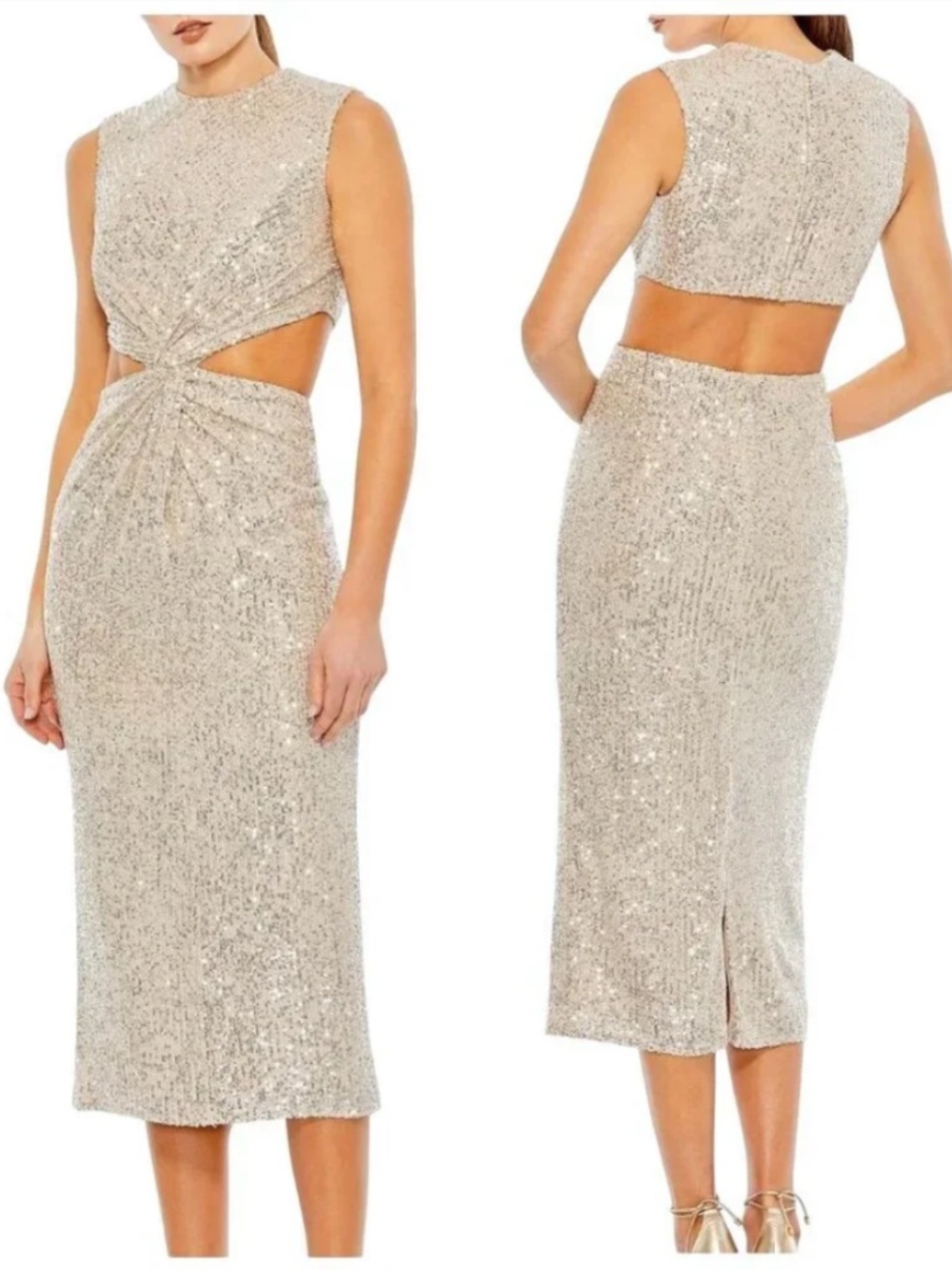 Ieena for Mac Duggal Sequin Cutout Midi Dress Nude Silver Size 0 NWT